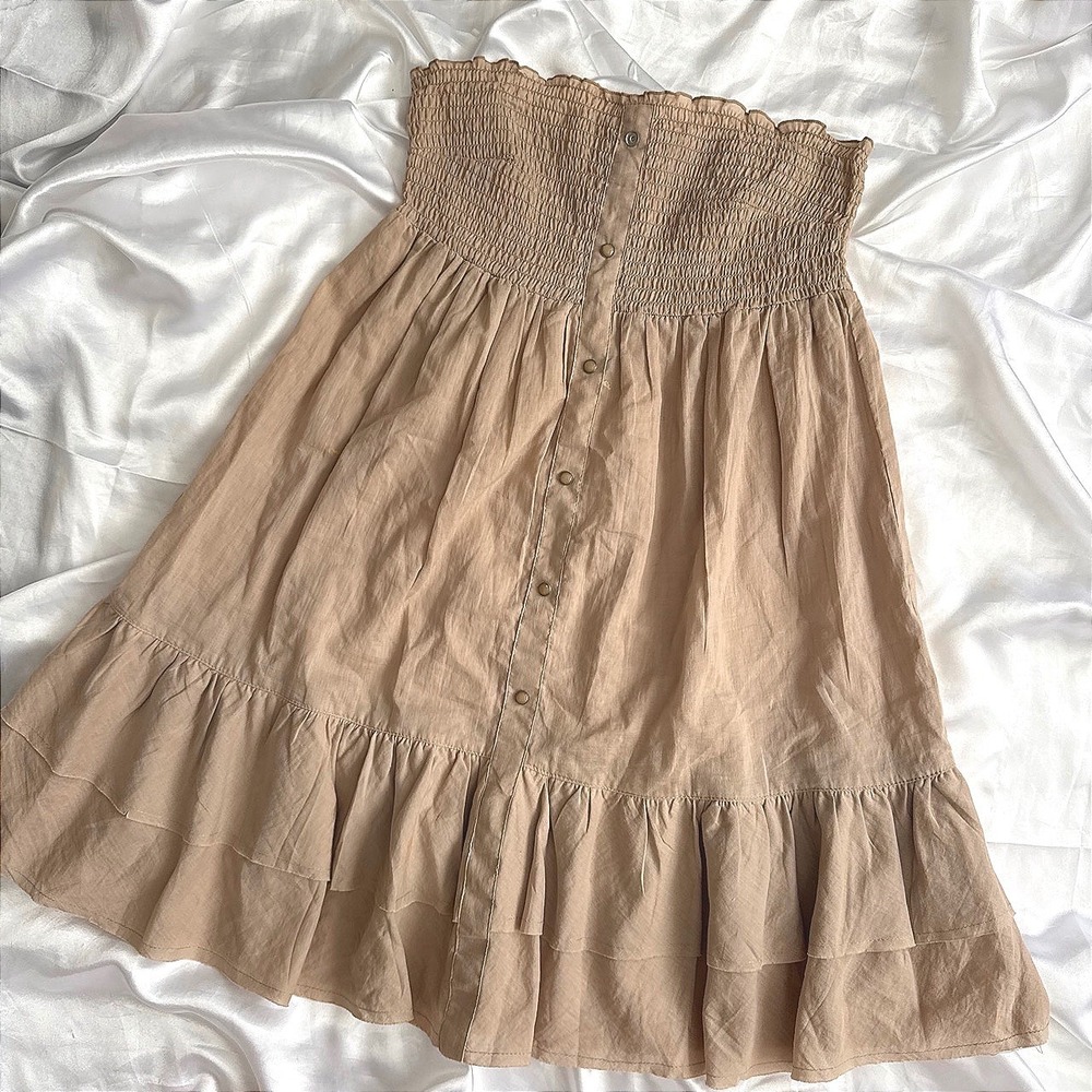 Ambiance Apparel Tan Cotton Smocked Strapless Button Down Ruffle Mini Dress S